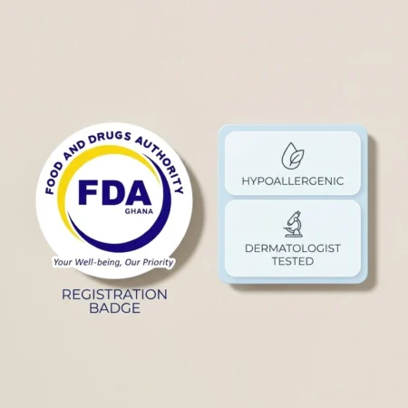 Renate baby hair care safety badges showing FDA Ghana registration and hypoallergenic formulation