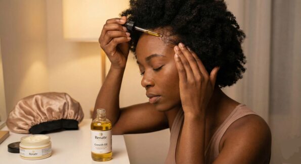 A Ghanaian woman massaging Renate Growth Oil into her hairline to regrow edges.