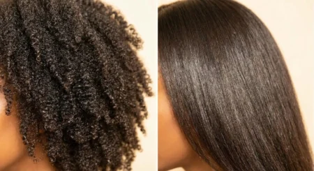 Side-by-side comparison of healthy natural 4C hair and healthy straight relaxed hair.