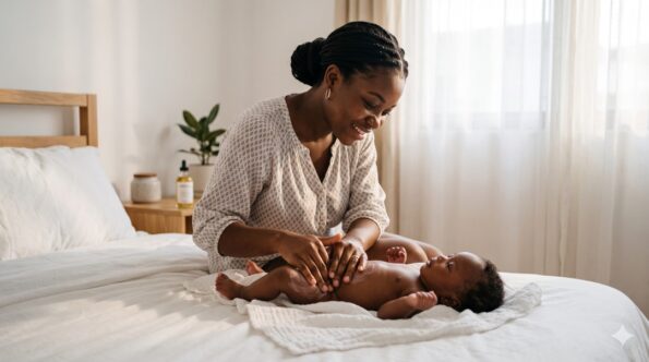 Ghanaian mother applying natural lotion to moisturize baby skin naturally - Renate Cosmetics